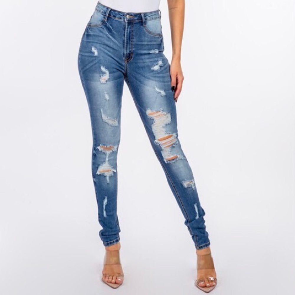 High rise distressed skinny jeans